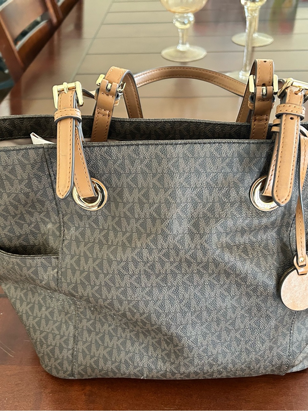 Michael Kors Brown Logo Tote with Tan Leather Handles